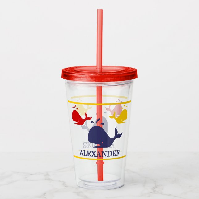 Nautical Stripes Navy Blue Yellow Red Whale White  Acrylic Tumbler (Front)