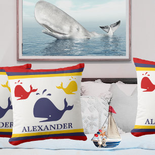 Nautical Stripes Navy Blue Yellow Red Whale White Throw Pillow