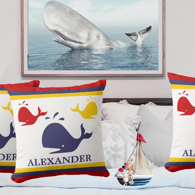 Nautical Stripes Navy Blue Yellow Red Whale White  Throw Pillow (Creator Uploaded)