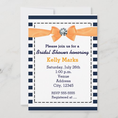 Nautical stripes navy orange bow bridal shower personalized announcements
