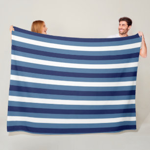 Nautical Stripes Navy Smokey Blue Crisp White Fleece Blanket