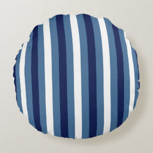 Nautical Stripes Navy Smokey Blue Crisp White Round Pillow
