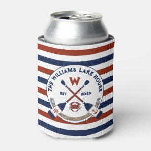Nautical Stripes Oars Crab Monogram Lake House Can Cooler