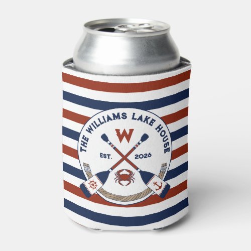 Nautical Stripes Oars Crab Monogram Lake House Can Cooler