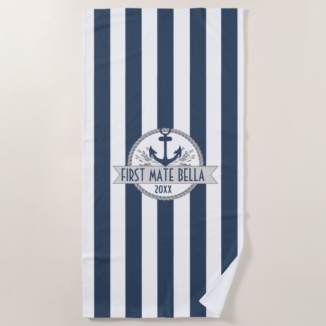 Nautical Stripes | Personalized Anchor & Rope Logo Beach Towel (Front)