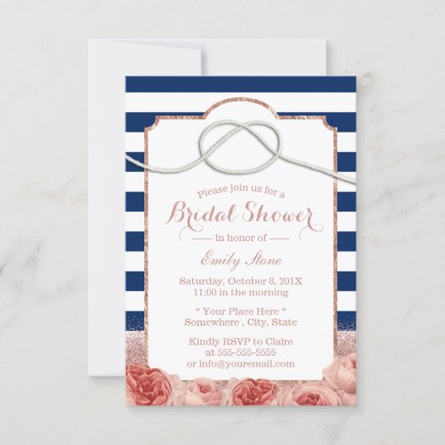 Nautical Stripes Rose Gold Floral Bridal Shower Invitation