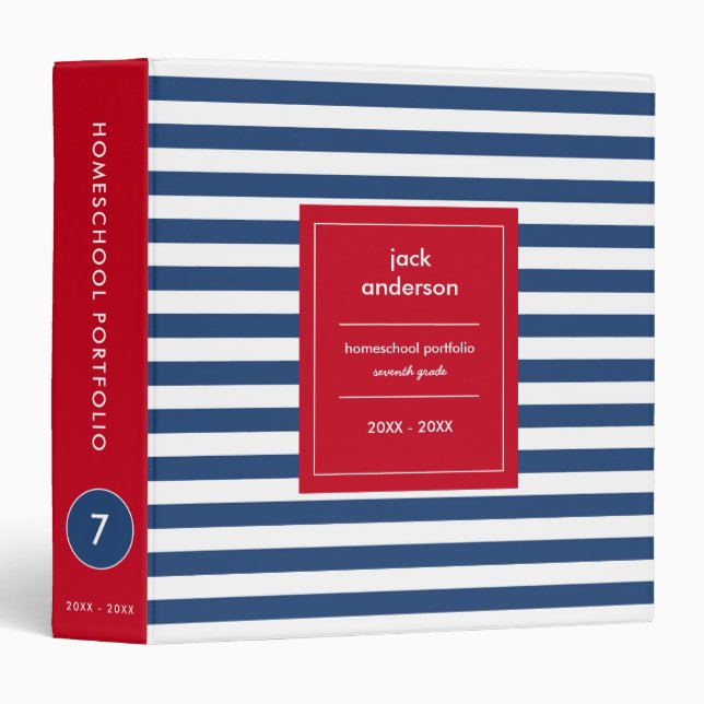 Nautical Stripes School or Homeschool Portfolio 3 Ring Binder (Front/Spine)