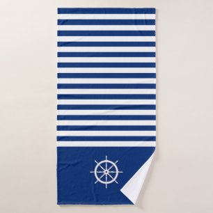 Nautical Stripes+Ships Wheel Blue+White Bath Towel