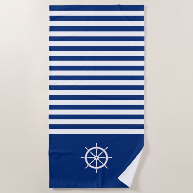Nautical Stripes+Ships Wheel Blue+White Beach Towel (Front)