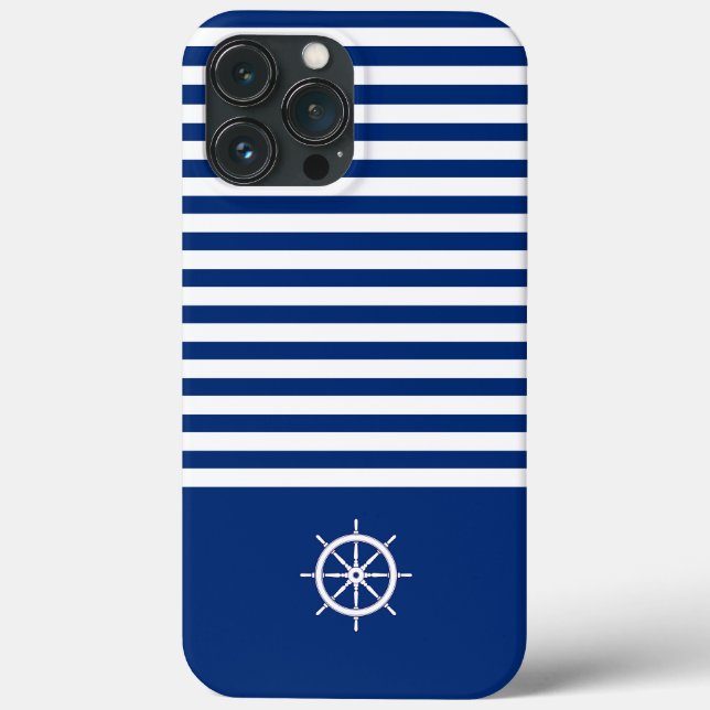Nautical Stripes+Ships Wheel Blue+White Case-Mate iPhone Case (Back)