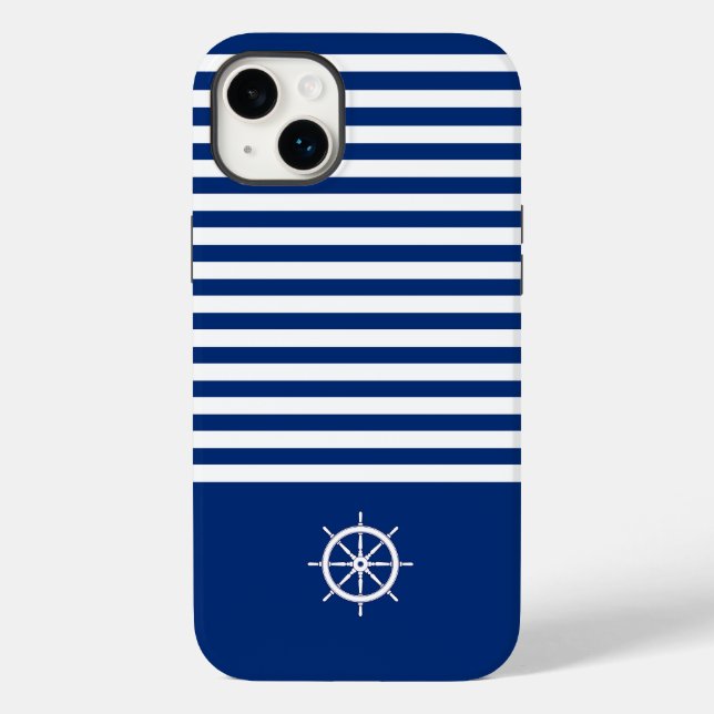 Nautical Stripes+Ships Wheel Blue+White Case-Mate iPhone Case (Back)