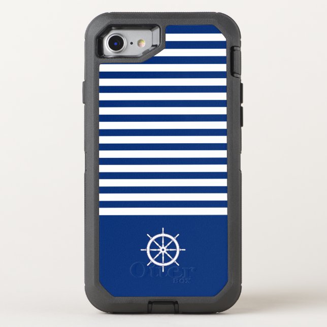 Nautical Stripes+Ships Wheel Blue+White Otterbox iPhone Case (Back)
