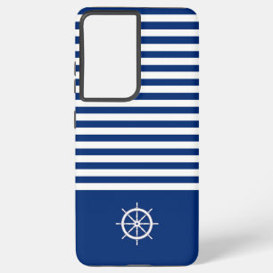 Nautical Stripes+Ships Wheel Blue+White Samsung Galaxy S21 Ultra Case