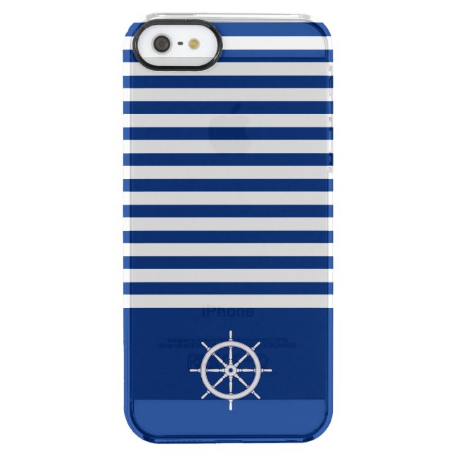 Nautical Stripes+Ships Wheel Blue+White Uncommon iPhone Case (Back)