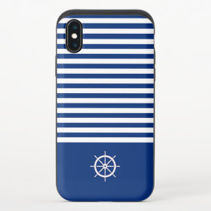 Nautical Stripes+Ships Wheel Blue+White iPhone XS Slider Case