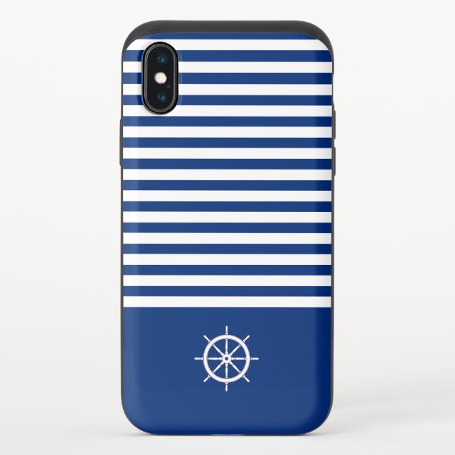 Nautical Stripes+Ships Wheel Blue+White Uncommon iPhone Case (Back)