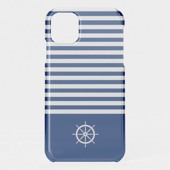 Nautical Stripes+Ships Wheel Blue+White Uncommon iPhone Case (Back)