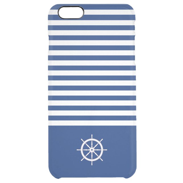 Nautical Stripes+Ships Wheel Blue+White Uncommon iPhone Case (Back)