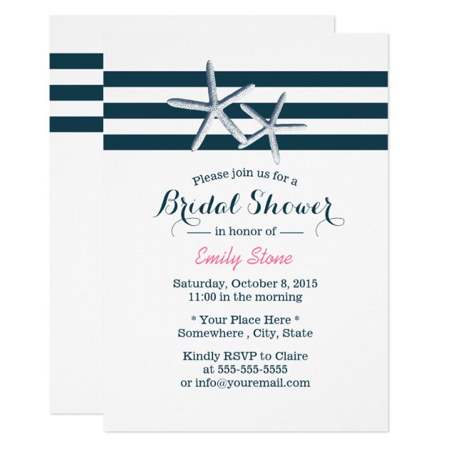 Nautical Stripes Starfish Elegant Bridal Shower Invitation