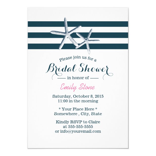 Nautical Stripes Starfish Elegant Bridal Shower Invitation