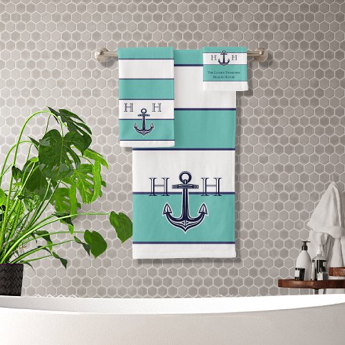 Nautical Stripes Teal Anchor Coastal Monogrammed Bath Towel Set