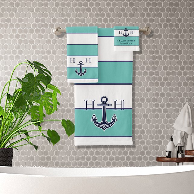 Nautical Stripes Teal Anchor Coastal Monogrammed Bath Towel Set (Creator Uploaded)
