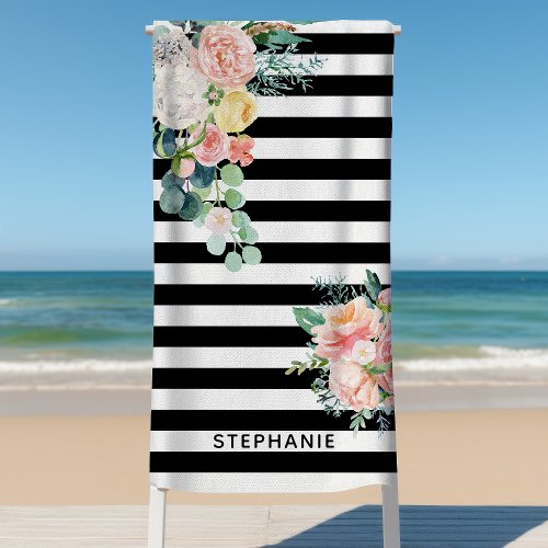 Nautical Stripes Watercolor Floral Black Name Beach Towel