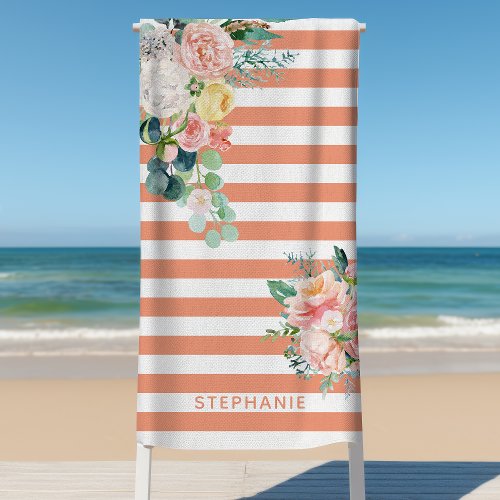 Nautical Stripes Watercolor Floral Coral Name Beach Towel