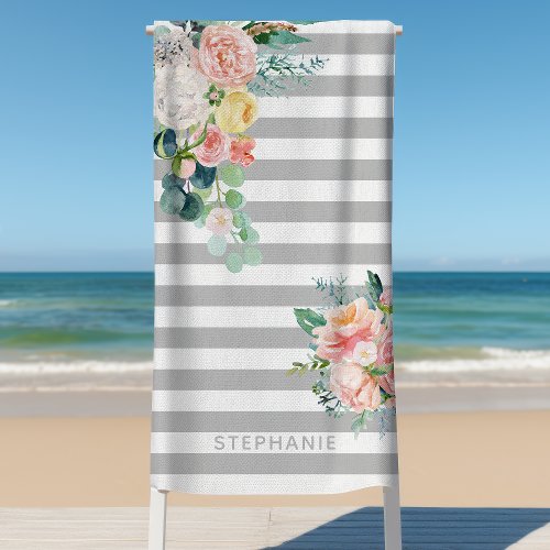 Nautical Stripes Watercolor Floral Gray Name Beach Towel