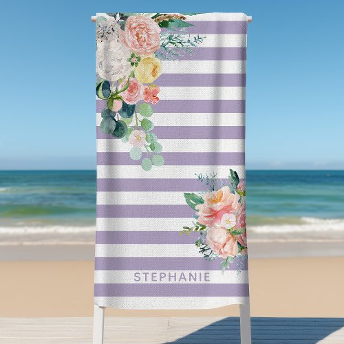 Nautical Stripes Watercolor Floral Lilac Name Beach Towel