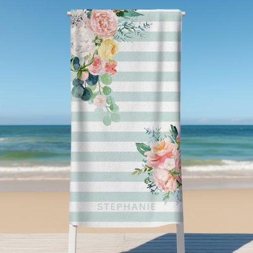 Nautical Stripes Watercolor Floral Mint Name Beach Towel