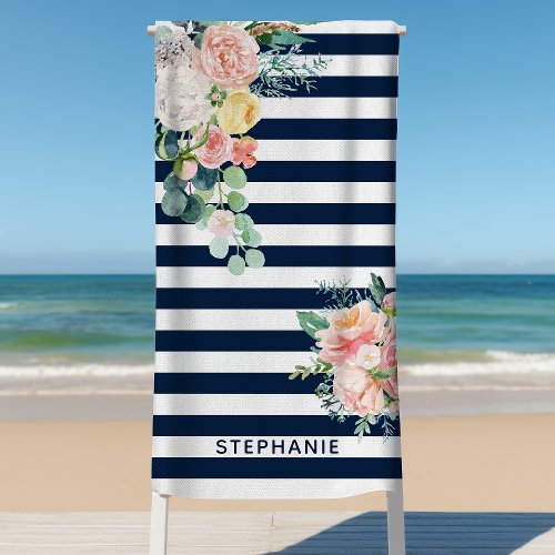 Nautical Stripes Watercolor Floral Navy Blue Name Beach Towel