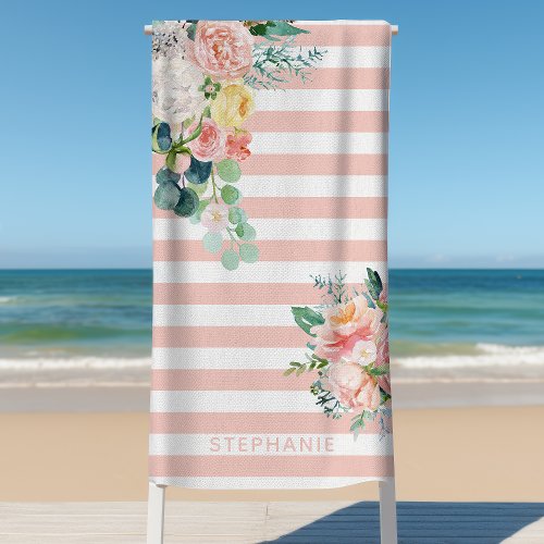 Nautical Stripes Watercolor Floral Pink Name Beach Towel