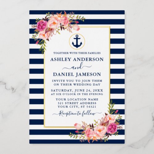 Nautical Stripes Watercolor Pink Floral Blue Gold Foil Invitation