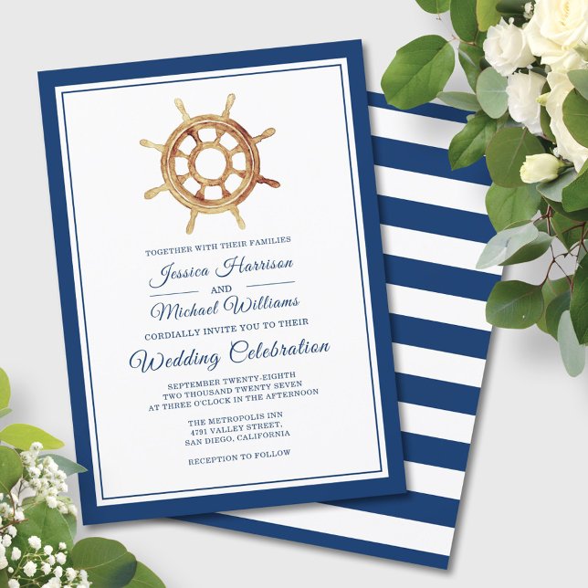 Nautical Stripes Watercolor Steering Wheel Wedding Invitation (Creator Uploaded)
