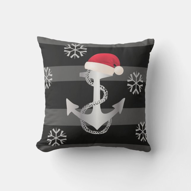 nautical STRIPES WITH ANCHOR and Santa Hat | Outdoor Pillow (Front)