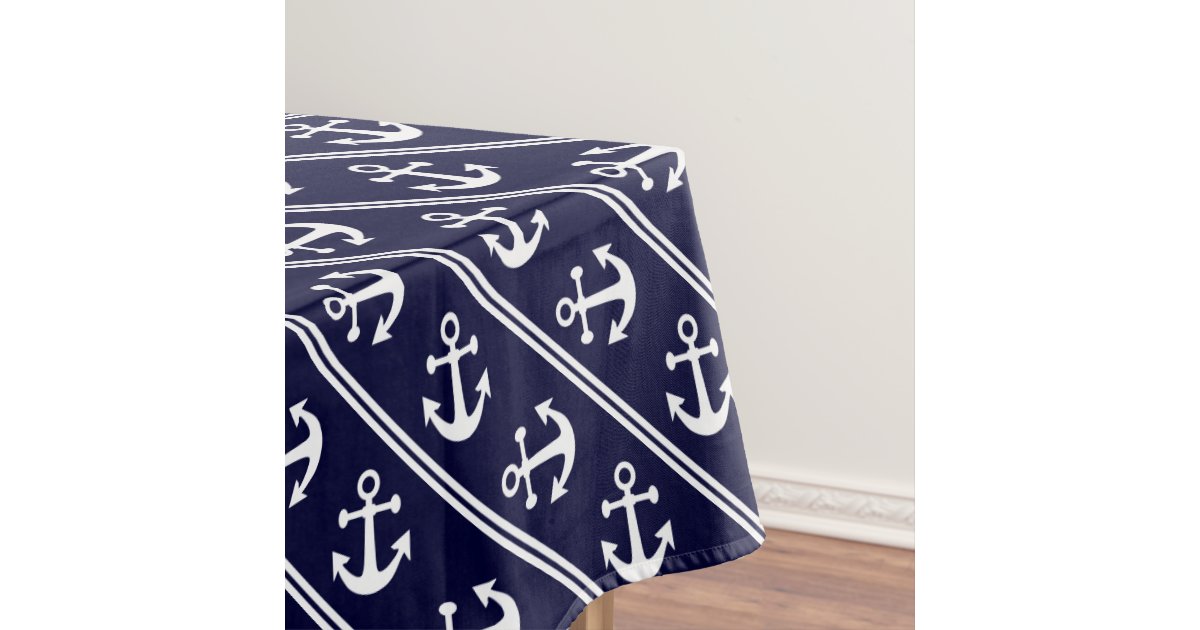 Nautical stripes with anchors tablecloth | Zazzle