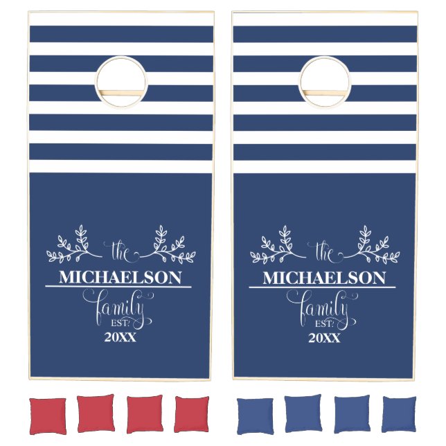 Nautical Stripes with Elegant Family Name Monogram Cornhole Set (Set)