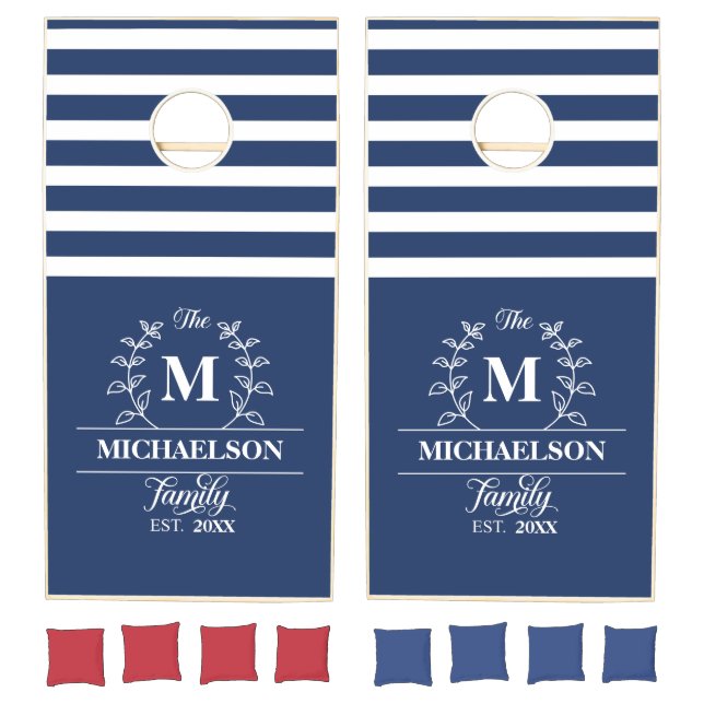 Nautical Stripes with Elegant Family Name Monogram Cornhole Set (Set)