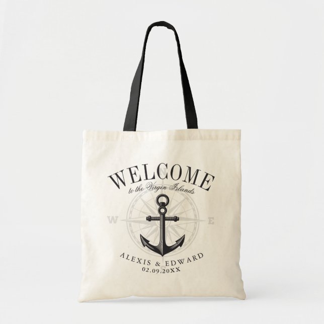Nautical Style Anchor Custom Welcome Black Themed Tote Bag (Front)