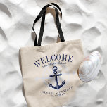 Nautical Style Anchor Custom Welcome Tote Bag<br><div class="desc">A unique set of custom tote bags tailored to your beach style or destination wedding. It features a welcome text followed by the name of the location or the person receiving the bag. Under this is a vintage style anchor in the color navy. All elements of the side of our...</div>