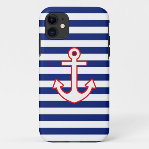 Nautical Style Anchor Icon on Stripes iPhone 11 Case