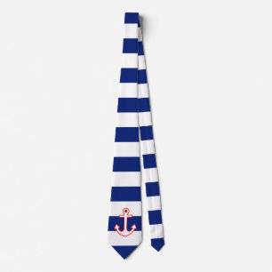 Nautical Style Anchor on Navy Blue Stripes Neck Tie