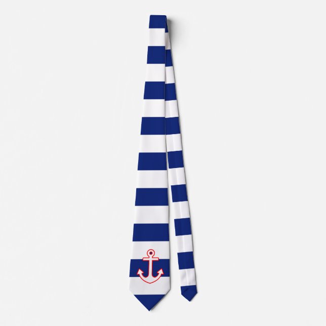 Nautical Style Anchor on Navy Blue Stripes Neck Tie (Front)