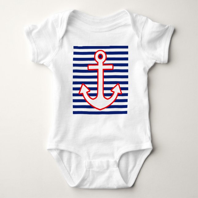 Nautical Style Anchor on Stripes Baby Bodysuit (Front)
