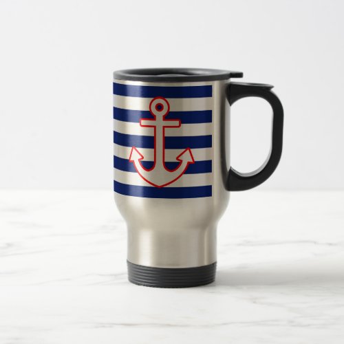 Nautical Style Anchor on Stripes Travel Mug