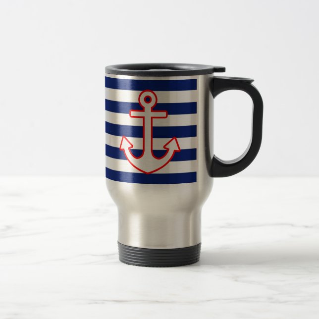Nautical Style Anchor on Stripes Travel Mug (Right)