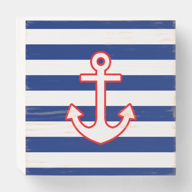 Nautical Style Anchor on Stripes Wooden Box Sign (Front Horizontal)