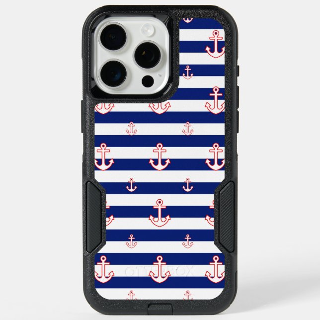 Nautical Style Anchors on Navy Stripes iPhone 15 Pro Max Case (Back)
