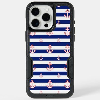 Nautical Style Anchors On Navy Stripes Iphone 15 Pro Max Case by CaptainShoppe at Zazzle